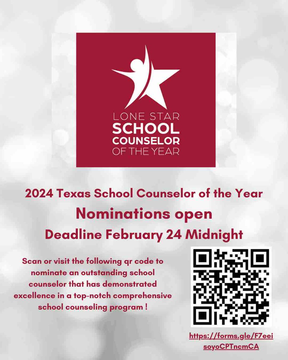 Do you know an outstanding school counselor of excellence that demonstrates leadership and a top-notch comprehensive counseling program!? Nominations are open! Who will be our 2024 Texas School Counselor of the Year? ❤️🎉forms.gle/F7eeisoyoCPTnc…