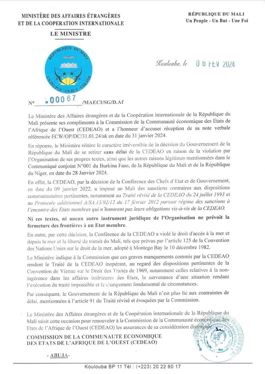 NiangAbdoul15's tweet photo. #Mali_CEDEAO |

En réponse à la lettre de la Commission de la CEDEAO le Gouvernement de la République du Mali réitère le "caractère irréversible de sa décision de se retirer sans délai de la CEDEAO ". https://t.co/rokSZ2w9Zb