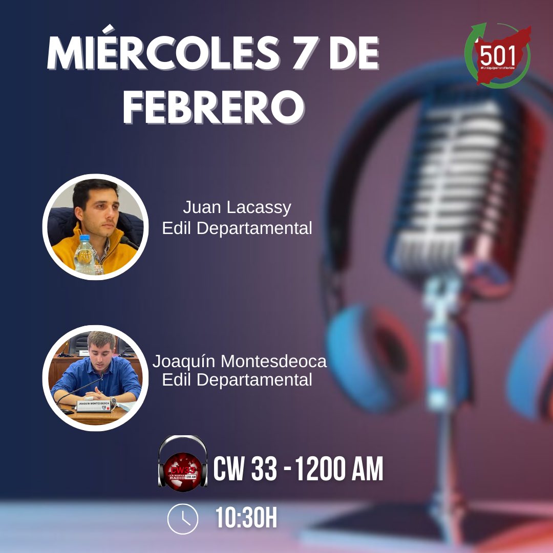 En el día de mañana se encontrarán a las 10:30 por CW 33 - 1200 AM el edil <a href="/JLacassy/">Juan Lacassy</a> y <a href="/joacomonte/">Joaquín Montesdeoca</a>