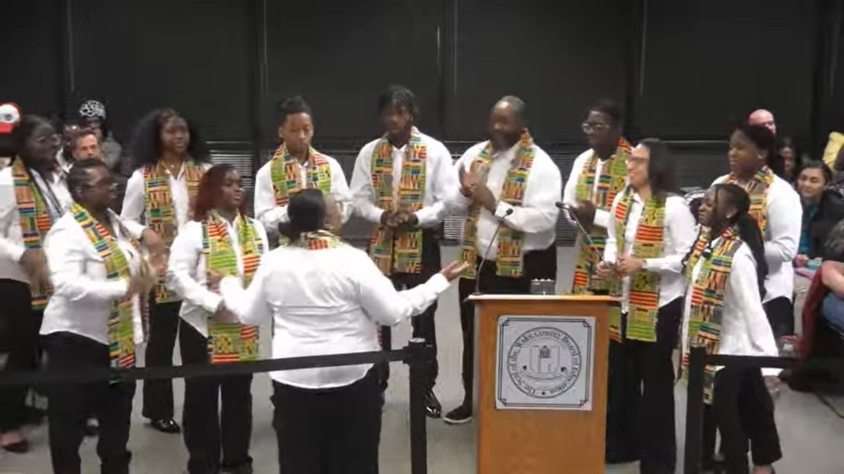 .@SRMHSpride gospel choir performs at tonight's Wake County school board meeting as part of informational item on Black History Month. #wcpss #nced #BlackHistoryMonth