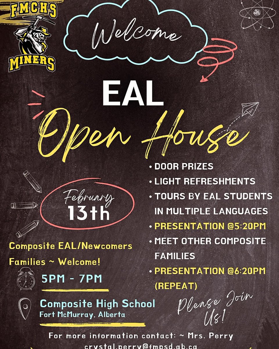 The_ELLTeacher's tweet photo. Composite’s EAL Open House is next Tuesday, Feb 13th, 5-7pm! #InfoSessions #Tours #Prizes #Refreshments #PhotoBooth #WearCulturalClothing @CompMinerTweets @FMPSD @mca4wb @keyanocollege @SafeCommunityWB @wbrl_ab @girlsincofNAB @HubFM @JSYFinfo @MyMarkaz #ymm #bringthewholefamily https://t.co/1SY98abQMp
