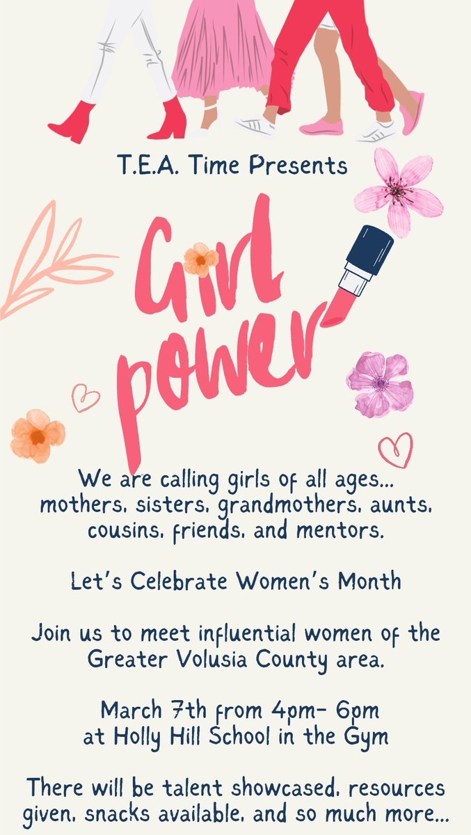 I am coming to socal media for your help. We are looking for influential women within the Greater Volusia County area to join us at Holly Hill School on March 7th from 4pm- 6pm in celebration of Women's Month.