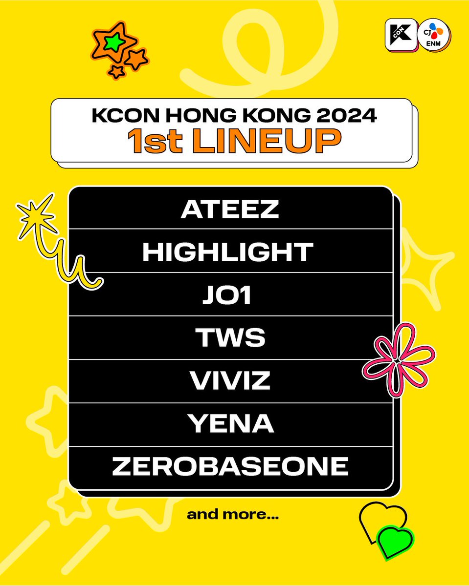[#KCONHONGKONG2024]
📢 KCON 2024 HONG KONG ARTIST 1st LINEUP 💖

The 1st LINEUP for KCON is finally out!
Please look forward to the fantastic experience in HONG KONG! 🎉

🔔 Detailed performance dates for the artists will be announced soon.

第一輪陣容終於揭曉了！