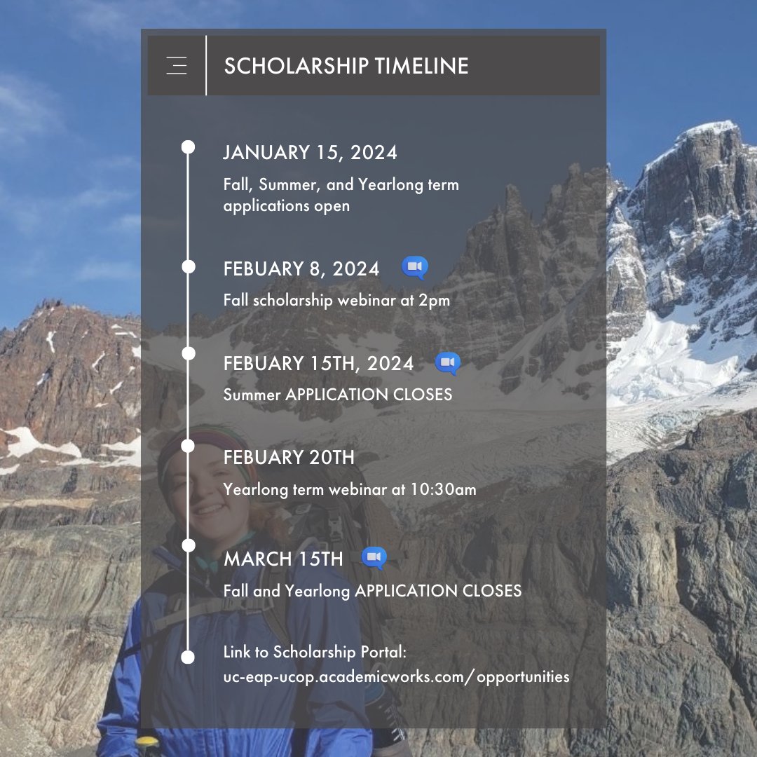 All UC students going on an outbound UCEAP program are eligible for UCEAP scholarships.⁠ ⁠ Important dates-⁠ -Summer applications are due on February 15 by 11:59 pm⁠ -Fall and yearlong are due on March 15 by 11:59 pm⁠ ⁠ Learn more and apply: l8r.it/7LjX