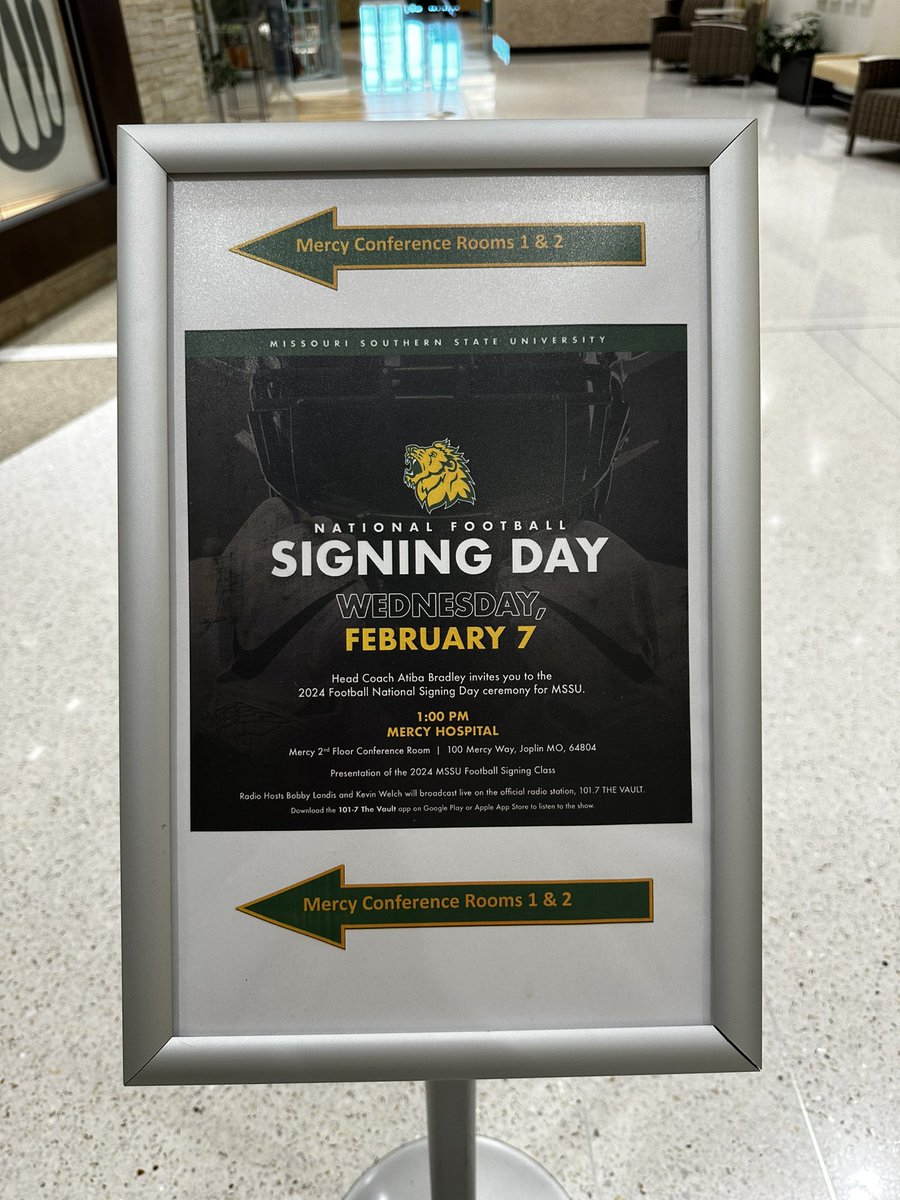 Excited to partner with <a href="/MercyJoplin/">Mercy Joplin</a> to present a celebration of <a href="/MOSOFootball/">Missouri Southern Football</a> 2024 National Signing Day. A great partner in our community and football program! Tune into 101.7 The Vault tomorrow at 1PM as we present our new class. <a href="/CoachAB_MSSU/">Atiba Bradley</a> <a href="/JDrinkwitz/">Jeremy Drinkwitz</a>