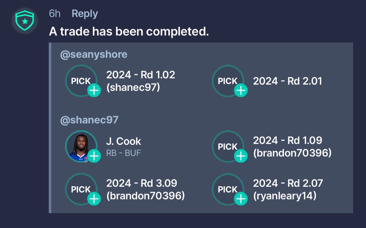 SeanyShore's tweet photo. @DynastyDadFF @SmashAccept 12 Team PPR SF. I’m picked up an orphan and it’s a massive rebuild. I already own 1.01 1.11 1.12 https://t.co/9gH5LZhtIp