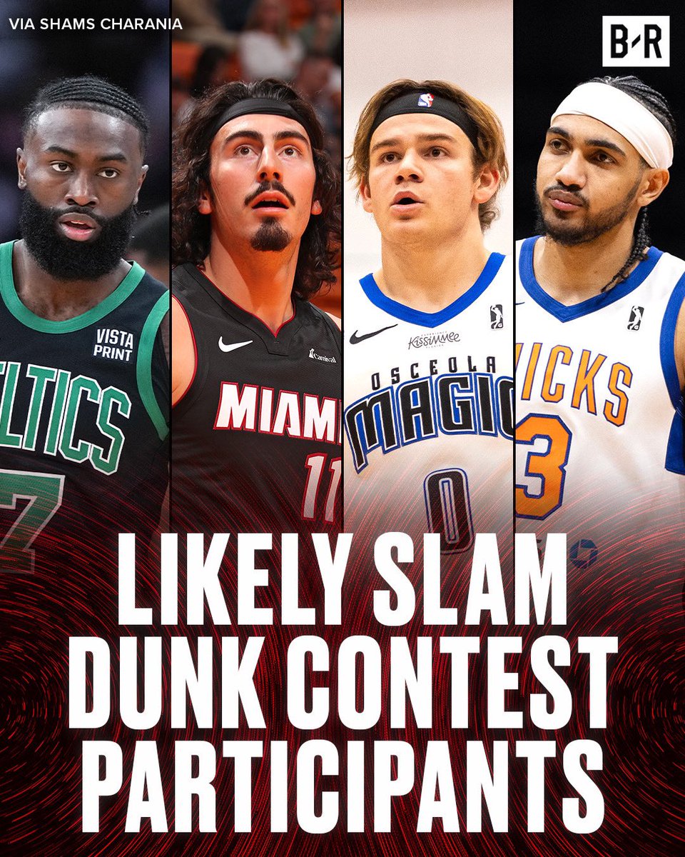 BleacherReport's tweet photo. Jaylen Brown, Jaime Jaquez Jr., Mac McClung (G League), and Jacob Toppin (G League) will potentially be headlining the 2024 Slam Dunk Contest, per @ShamsCharania 

Who’s winning it all? 🍿👀 https://t.co/fgEylqOfym