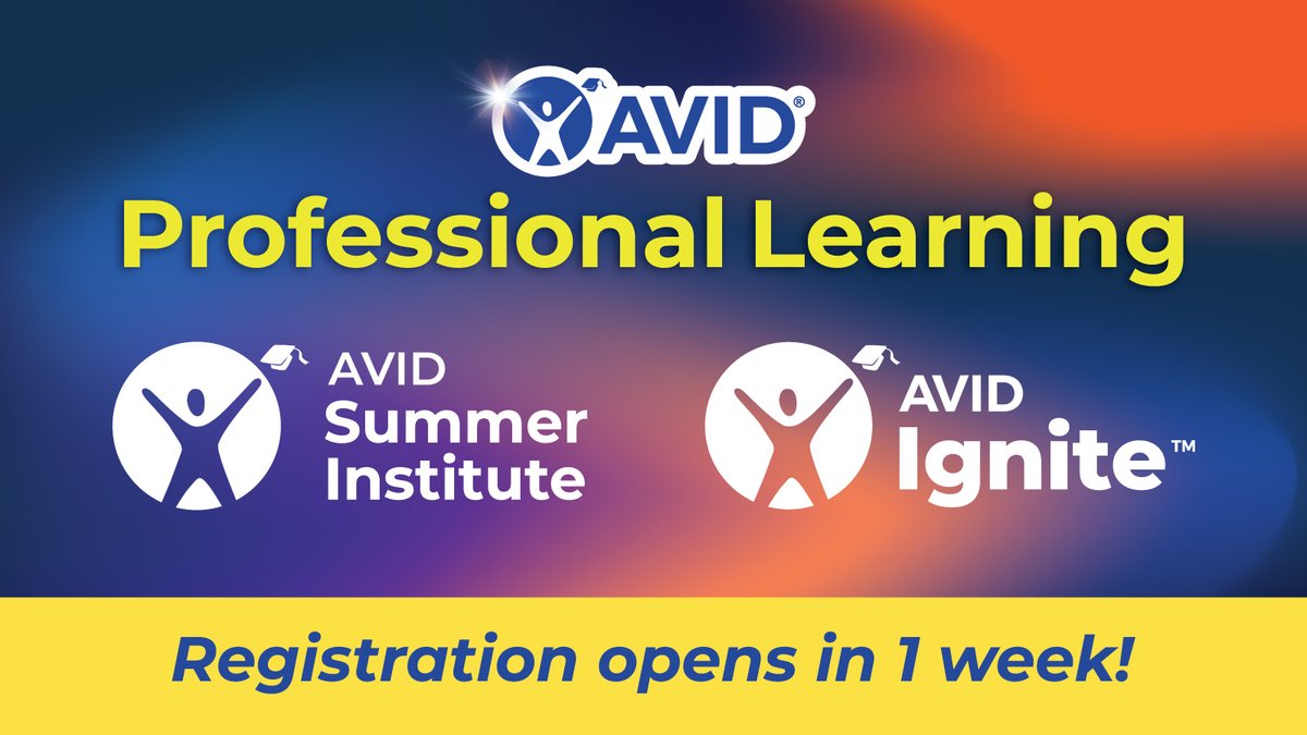 🌟 Get ready, educators! 📚 Enrollment for AVID Summer Professional Learning opens in one week! 🎉 Explore summer dates and learning opportunities: bit.ly/3ANOgHT