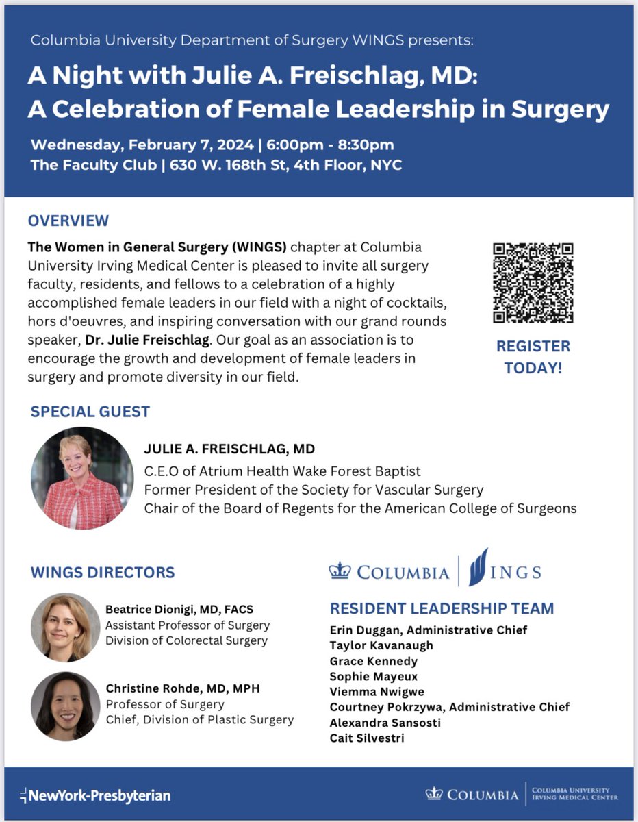 Tomorrow evening.. I am so excited to host @JFreischlag @columbiawings_ event! 🤩@ColumbiaCRS @Columbia @ColumbiaSurgery @ColumbiaSurgRes @WomenSurgeons @womeninsurgery