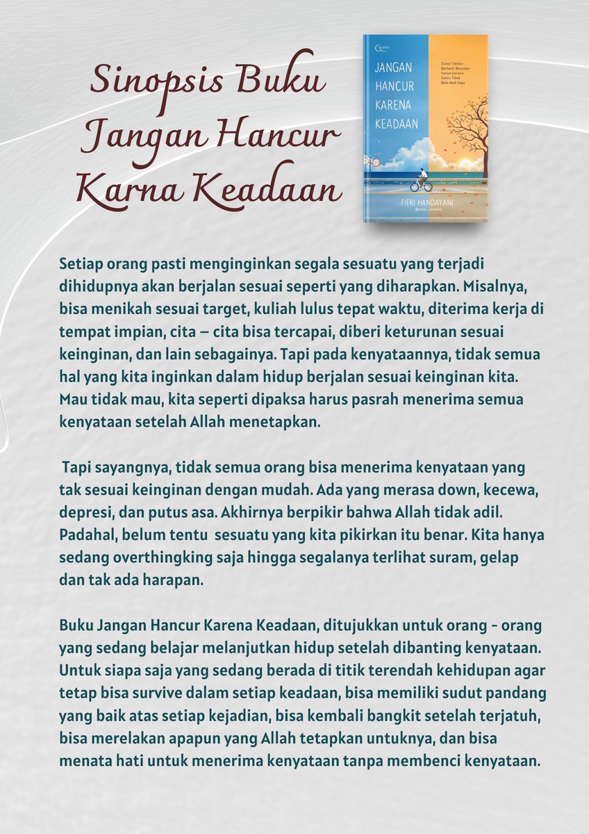 Coming soon!!! 
Buku : Jangan Hancur Karena Keadaan
Karya : <a href="/rihan_azzahra/">Rihan Azzahra🍁</a> 
Penerbit : <a href="/elexmedia/">Elex Media Komputindo</a> <a href="/QuantaBooks/">Quanta Islamic Books</a>
Genre : Inspirasi Islamic
Terbit : 21 February 2024 di seluruh toko buku Gramedia Indonesia