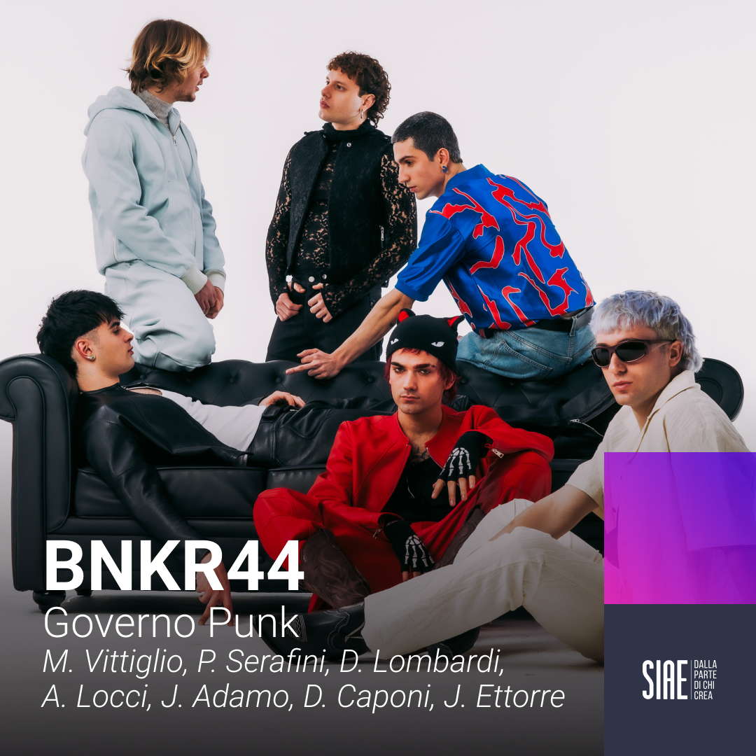 SIAE_Official's tweet photo. #Sanremo2024 : #BNKR44 salgono sul palco di @SanremoRai con la loro “Governo Punk”
Autori: #Vittiglio #Serafini #Lombardi #Locci #Adamo #Caponi @Jacopoet
Editori: @UMPG_IT #Puro #JetMusicPublishing
#SanremoSIAE #SanremoStories #siae https://t.co/RTY5YO1LTZ