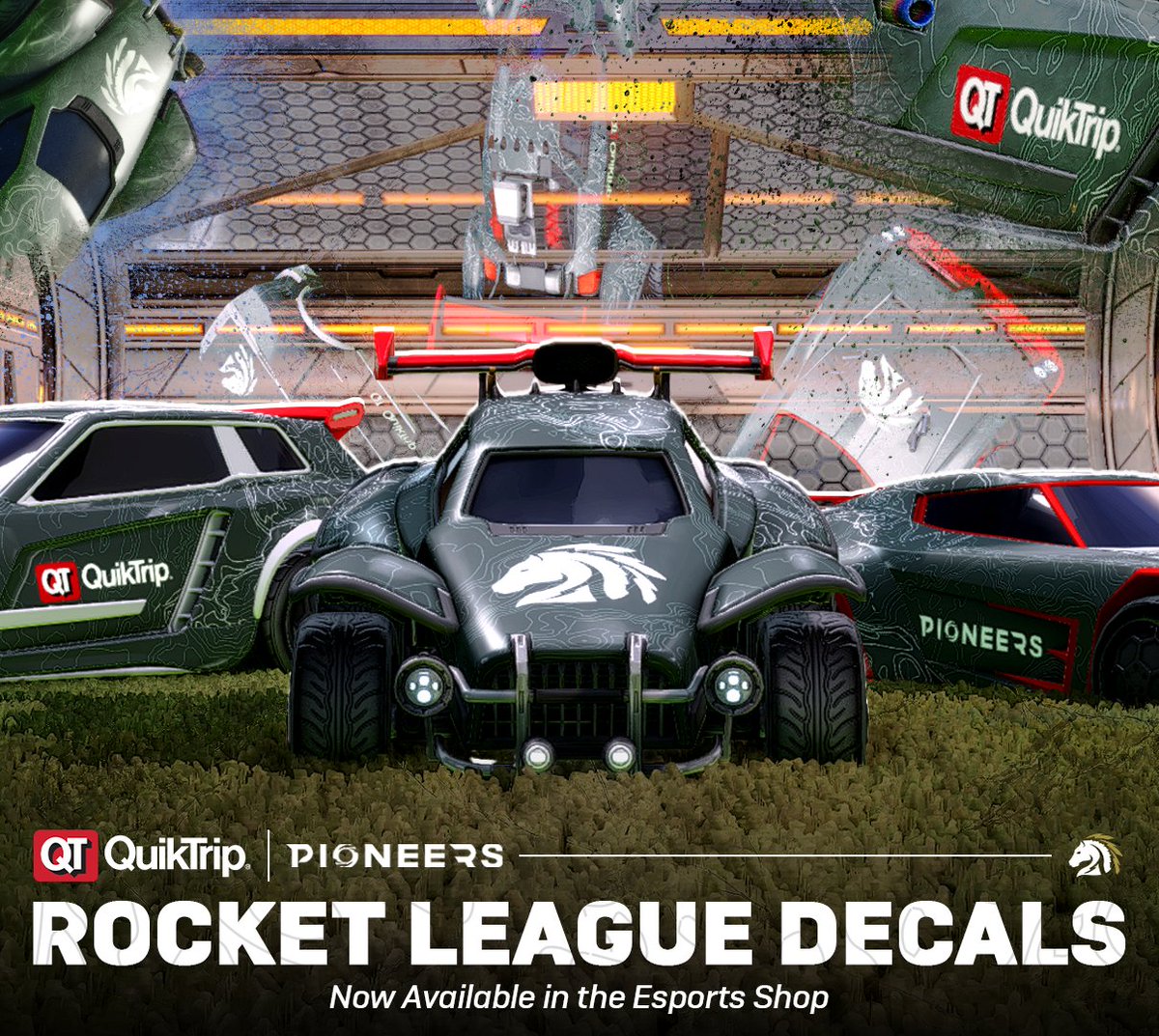 📢 THE @QuikTrip PIONEERS GAMING ROCKET LEAGUE DECALS ARE NOW AVAILABLE FOR PURCHASE IN THE ESPORTS SHOP 🚨 Share your clips using the decal with '#QTPG' and we'll follow you back ✅