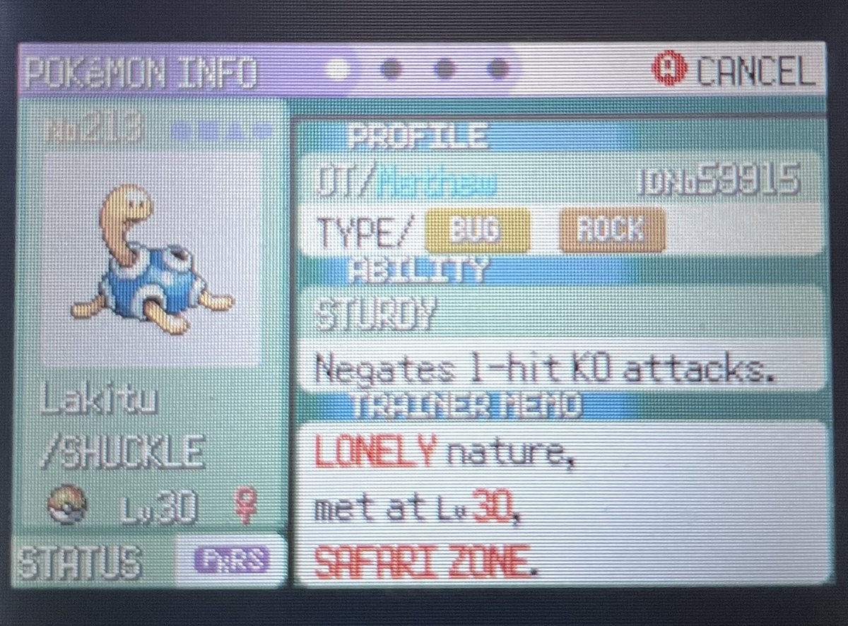 EnteiandFlareon's tweet photo. Shiny Shuckle (reclaim) caught after 3,724 rock smashes in the Hoenn Safari zone. It’s been almost two years since I saw the first one so I’m very happy to see her come back and stay. 🐢💙✨ https://t.co/GIDUxoWqxe