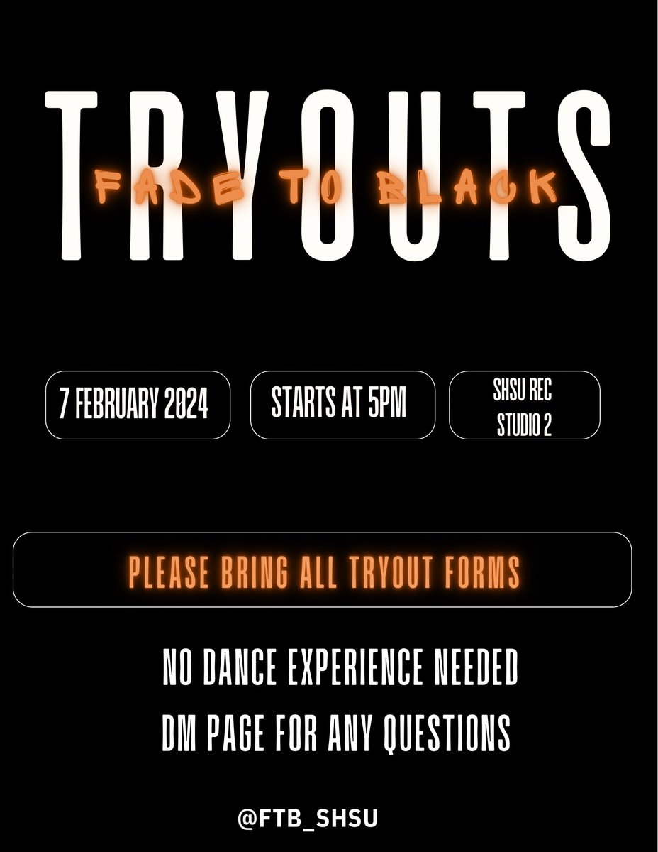 FTB_SHSU's tweet photo. Update! Tryouts time has changed to 5:00pm tomorrow! ❤️‍🔥 https://t.co/8rvRCBXUuE