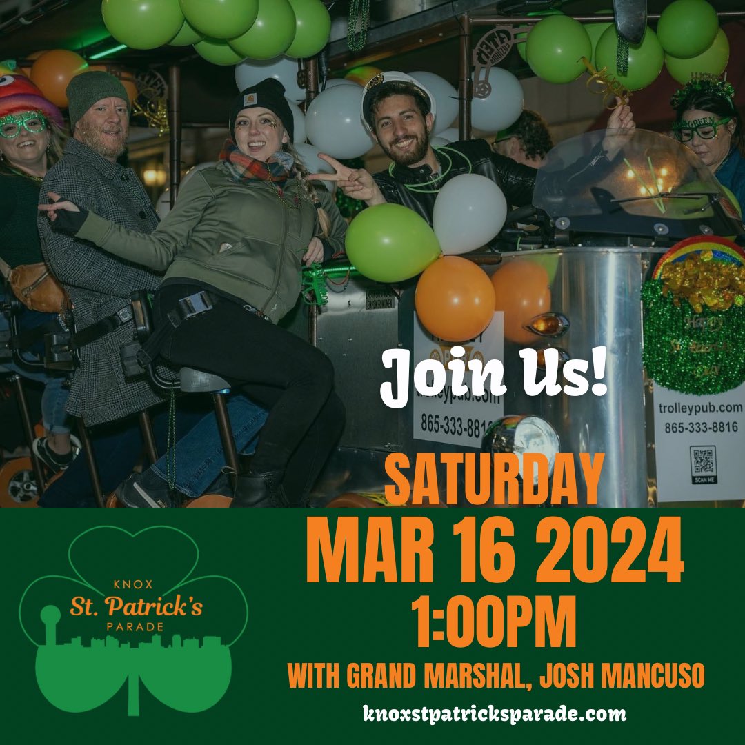 StPaddysParade's tweet photo. Join the FUN! ☘️☘️ Register your business, team, club or group to parade with us Saturday 3/16/24. Sign up, volunteer, sponsor or donate NOW at https://t.co/US5OSpG7ex
@joshmancuso @ccetn_hope @visitknoxville @CherokeeChirp https://t.co/vRmwcuFBm6
