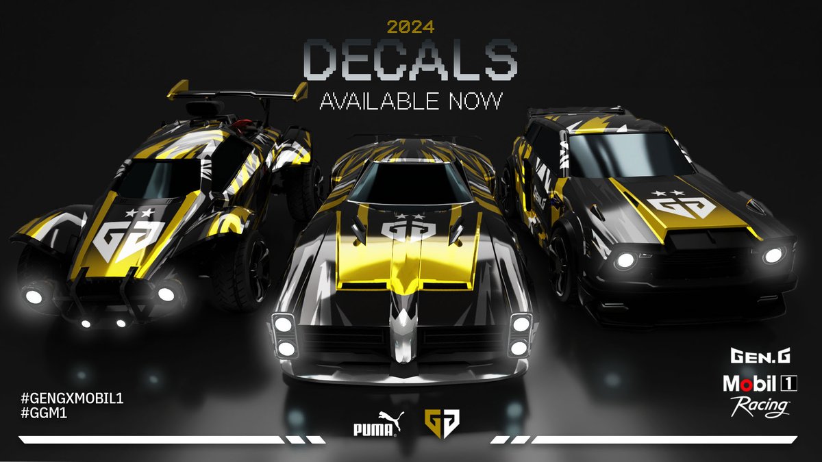 Our 2024 GGM1 Decal is now available in the Esports Shop!

Pick up the fastest decal in-game &amp; rep the black and gold 🐯

#GenGxMobil1 #RLCS <a href="/mobil1racing/">Mobil 1 Racing</a>