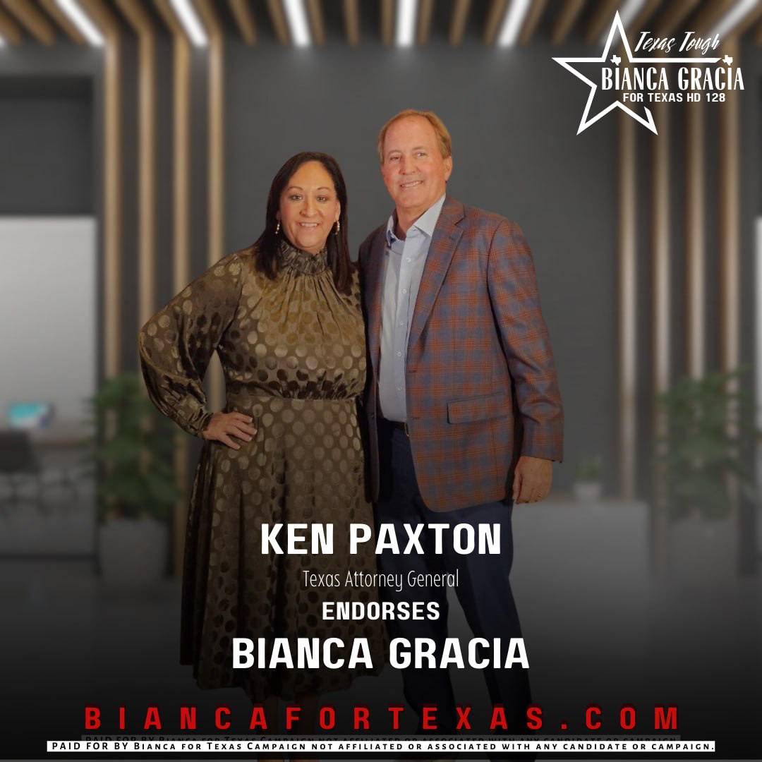 BiancaForTexas's tweet image. It's an honor to be endorsed by TX Attorney General @KenPaxtonTX 🙏

Briscoe Cain went against the #PeoplesVote by attempting to impeach Ken Paxton

It's time to fire to Briscoe Cain 🚫🦏

Vote Bianca Gracia for #TXHD128 🗳️

Biancafortexas.com/donate

#BiancaForTexas #SaveTexas