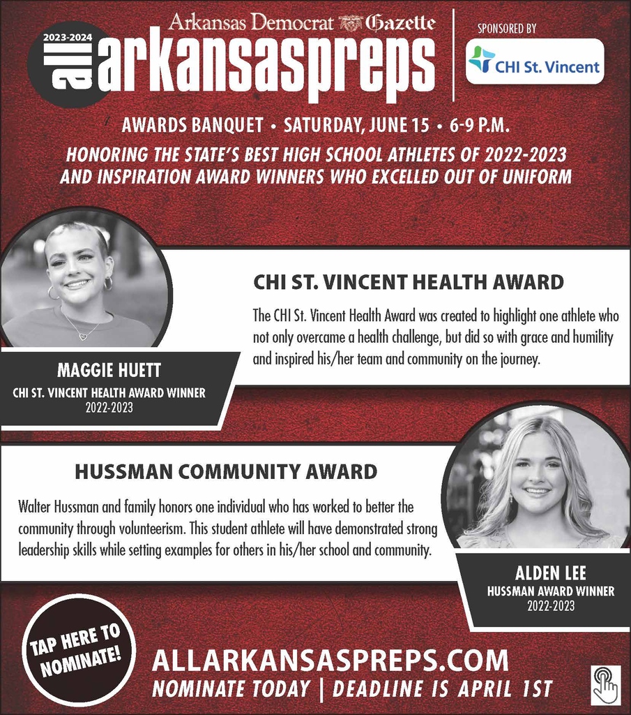 Nominate your athlete now for the CHI St. Vincent Health Award or the Hussman Community Award, honoring the state's best high school athletes who excelled out of uniform.

Nominate here: allarkansaspreps.com/inspiration-aw…