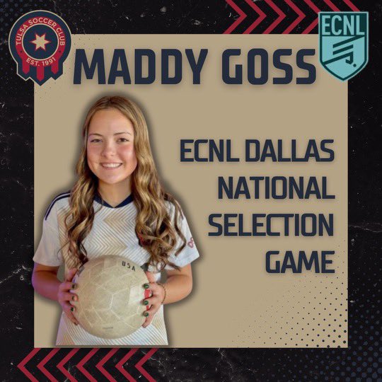 Huge congratulations to our #32 <a href="/GossMadelynn/">Madelynn Goss</a> for being chosen to play in the ECNL Dallas National  Selection Game! Can’t wait to watch you represent <a href="/TulsaSC/">Tulsa Soccer Club</a> and <a href="/EcnlTexas/">ECNL Girls Texas Conference</a>!
 <a href="/CoachLewisAmos/">Lewis Amos</a> <a href="/ImYouthSoccer/">ECNL/GA/Recruiting/College Soccer</a> <a href="/PrepSoccer/">Prep Soccer ⚽️</a> <a href="/TopDrawerSoccer/">TopDrawerSoccer</a> @SoccerMomInt <a href="/ImCollegeSoccer/">College Soccer Truth ™</a>