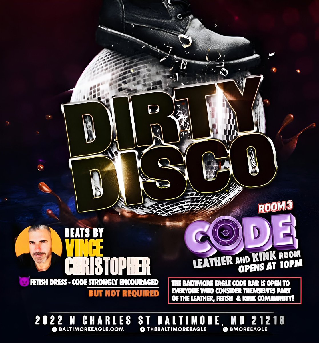 It’s not a disco if it’s not full of dirty beats by Vince Christopher this Saturday in Code Bar!!!! #clublife #clubs #party #partying #housemusic #technomusic #dj #nightlife #baltimore #gaypride #gayguy #dragqueen #yas #queen #slay #circuitmusic #throwback #baltimore