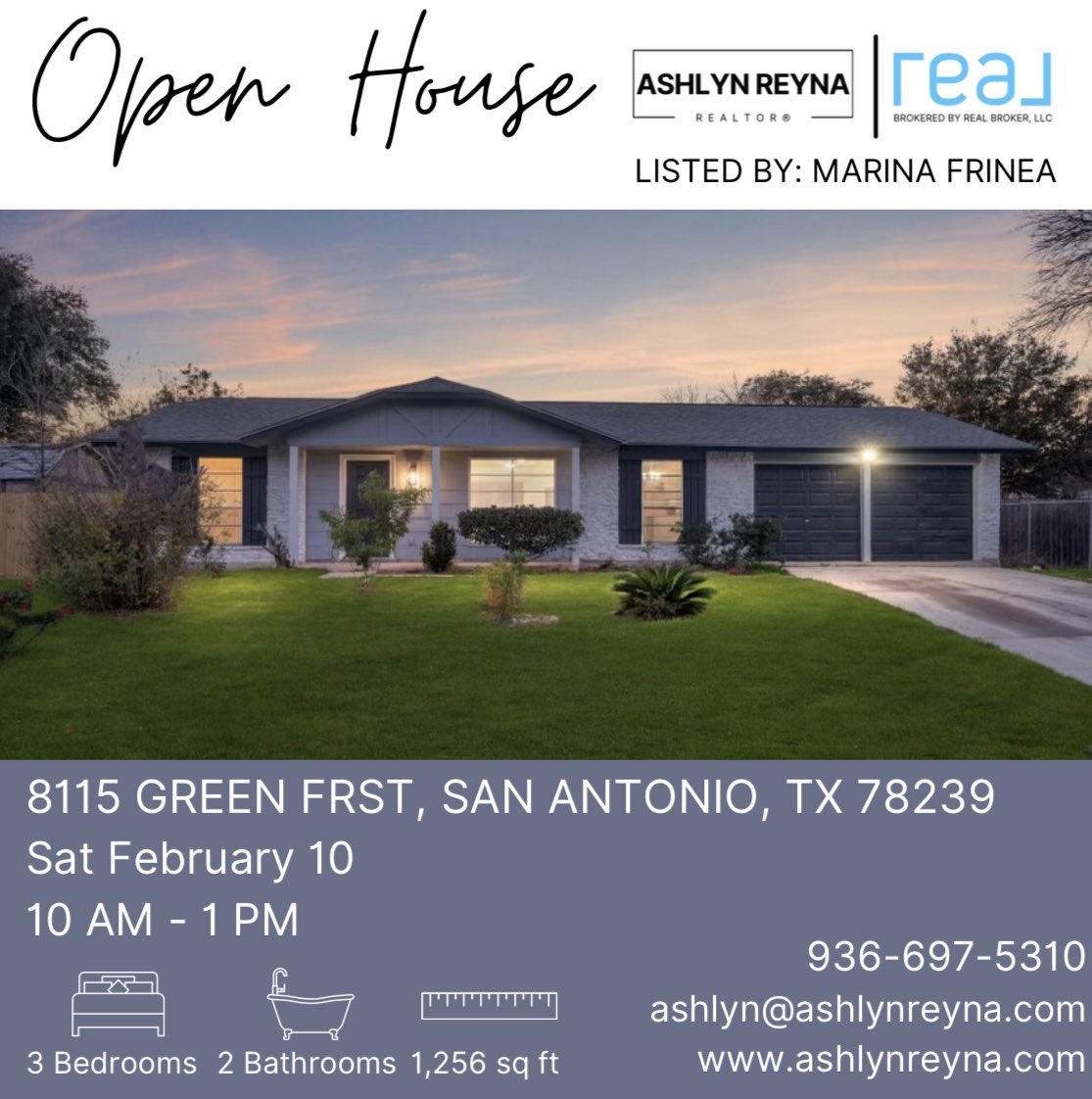 OPEN HOUSE! 🏡 🎈 

8115 GREEN FRST, San Antonio, TX 78239 📍 

💸 $254,900
📐1,256 sq. ft.
🛏️ 3 bed
🛀 2 bath
🚘 2 car garage

Listed by: Marina Frinea 

Give me a call for all your real estate needs! 

Ashlyn Reyna 
936-697-5310 
@realbrokerage
 
#sanantoniorealestateagent