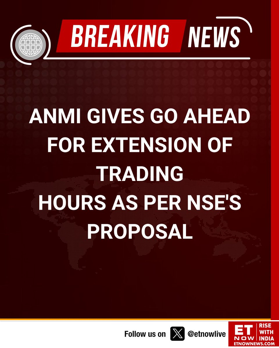 ETNOWlive's tweet photo. BREAKING | Association of National Exchanges Members of India (ANMI) agrees to extend index F&amp;O trading. 

The NSE earlier had proposed extending trading hours for Index F&amp;O from 6:00 pm to 9:00 pm. https://t.co/pUJDaVgH3K