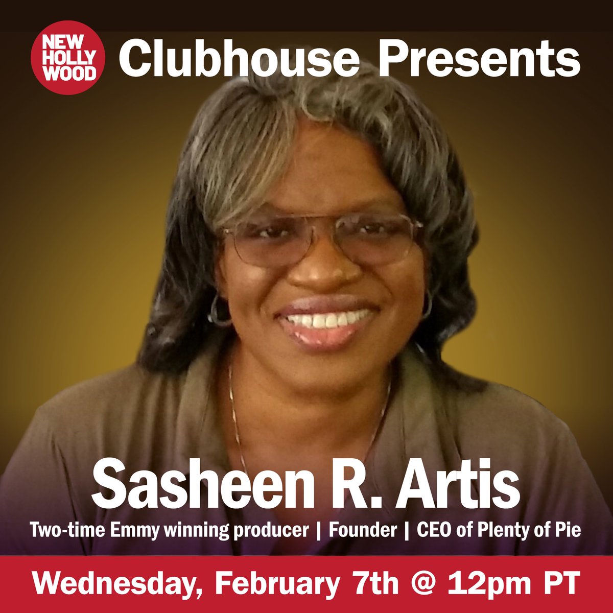 Join us Wednesday Feb 7, 12:00 pm PT for Sasheen Artis, Producer of Film &amp; TV at: clubhouse.com/invite/7V7ikEV…

<a href="/newhollywoodmov/">New Hollywood Movement</a> <a href="/NewHollywoodNow/">New Hollywood</a> <a href="/theevettevargas/">Evette Vargas</a> #sasheenartis