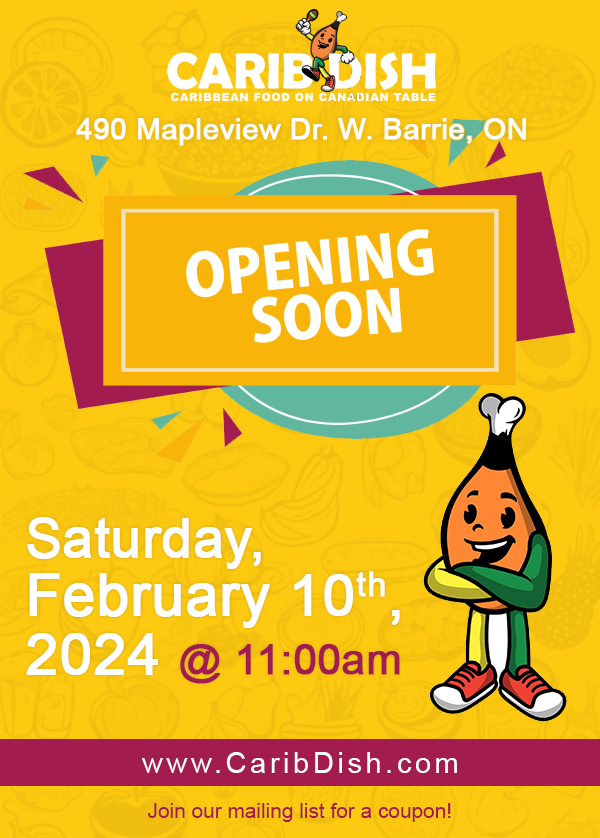 Carib Dish (@caribdish) on Twitter photo OPENING SOON!! BARRIE, We are excited to bring you fantastic and flavorful food from the Caribbean! We can't wait to serve you!
๐ 490 Mapleview Dr. W, Barrie, ON
โ๏ธ (647) 325-3474 | (705) 722-1188
๐ง info@caribdish.com
๐ CaribDish.com
#Barrie #Caribbeanfood OPENING SOON!! BARRIE, We are excited to bring you fantastic and flavorful food from the Caribbean! We can't wait to serve you!
๐ 490 Mapleview Dr. W, Barrie, ON
โ๏ธ (647) 325-3474 | (705) 722-1188
๐ง info@caribdish.com
๐ CaribDish.com
#Barrie #Caribbeanfood