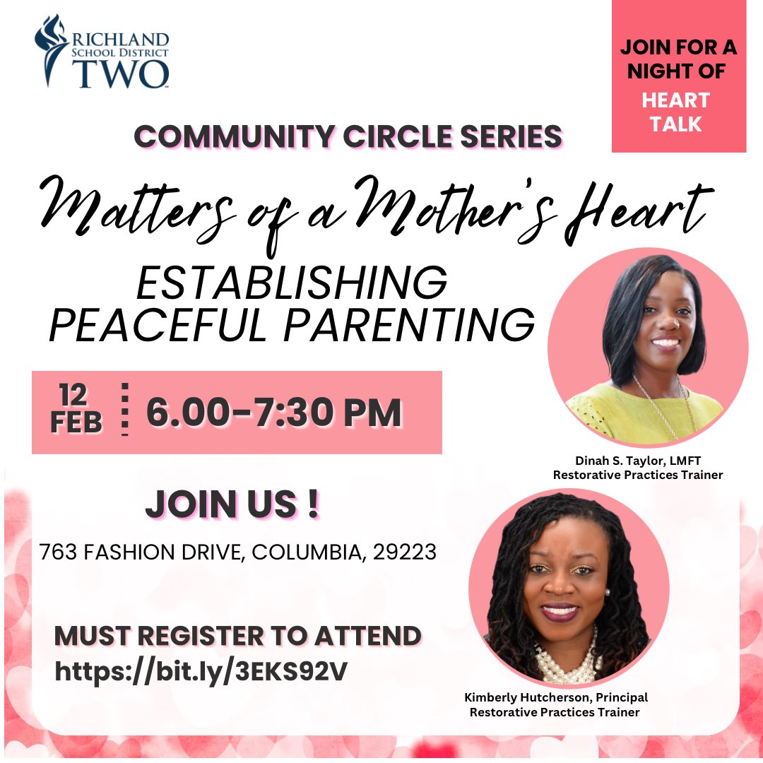 Calling all Moms! Join @KimberlyHutche9 & I on 2/12 as we circle up and talk about peaceful parenting. Let's chat & support each other in our first community circle of the year! Click the link to join! ➡️bit.ly/3EKS92V @LeCiJennings @RichlandTwo