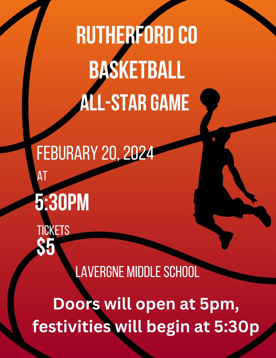 All Star Game happening Feb 20 at thee LaVergne Middle!  Please come support as the best of RuCo boys basketball show out!!