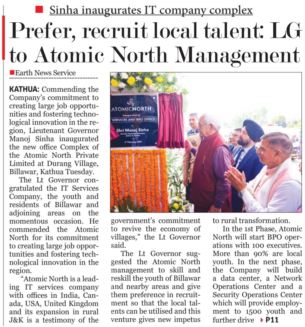AbishkarUpadha1's tweet photo. #LGSinha inaugurates #ITcompany complex
#Prefer, recruit #local talent: #LG
to #AtomicNorth Management
@OfficeOfLGJandK @PIB_India @Divcomjammu @districtadmkat1 https://t.co/IIzwktgrOw