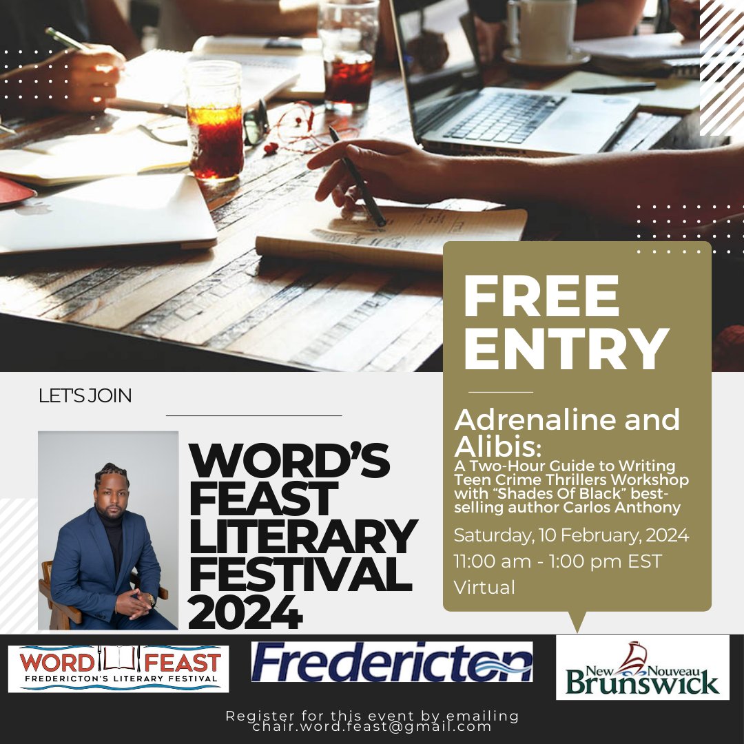 Join me in Fredericton for a teen crime writing workshop at Words Feast! Dive into suspense, character creation, and plot twists in 2 hrs. Q&amp;A, writing challenge, and inspiration included. #ShadesOfBlack #WritingWorkshop #Fredericton #NewBrunswick #YAWriter #GetInspired