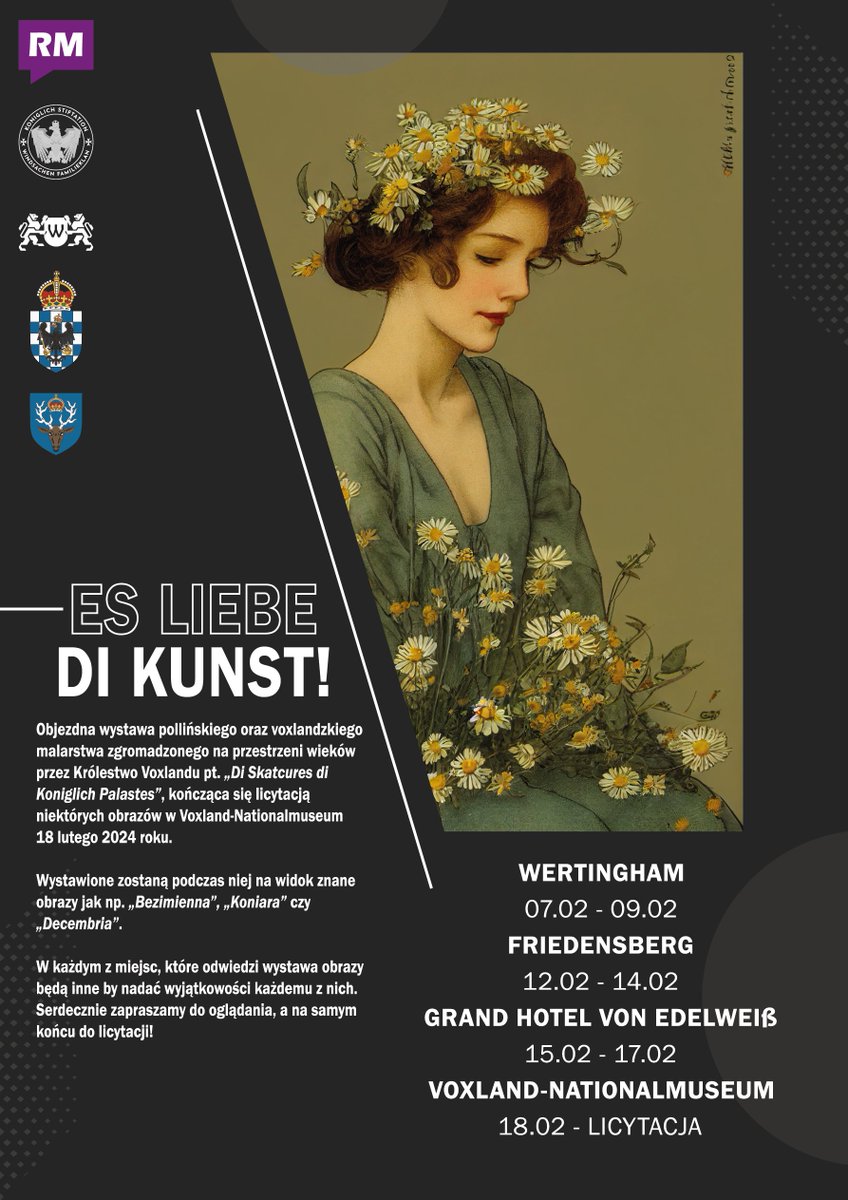 GovVoxland's tweet photo. Już dzisiaj startuje Di Skatcures di Koniglich Palastes czyli wystawa zgromadzonych przez wieki na terenie Królestwa i należących do Korony obrazów z Pollinu i samego Voxlandu. Oprócz tego jest to okazja by ponownie zobaczyć dzieła, które budziły wielkie emocje podczas licytacji! https://t.co/jfjPWkPldQ