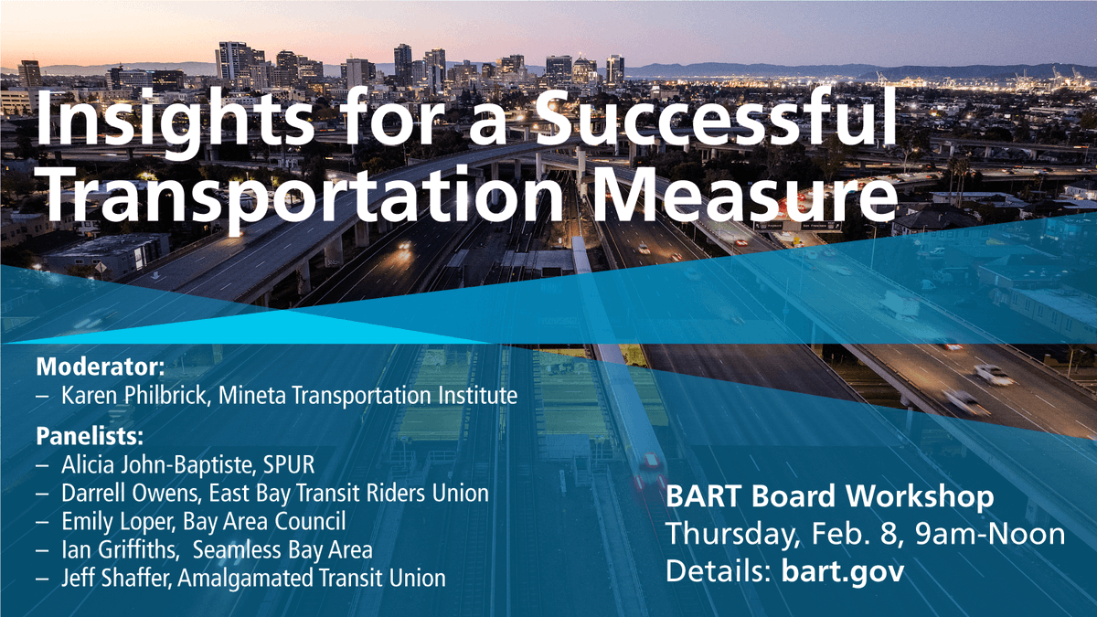 This Thursday, Feb. 8, is the annual BART Board Workshop, and we're inviting members of the public to join us for what will be a lively and informative panel discussion from 9am to noon.

Tune in on Zoom or join us in the BART boardroom.

More info 👇
bart.gov/news/articles/…
