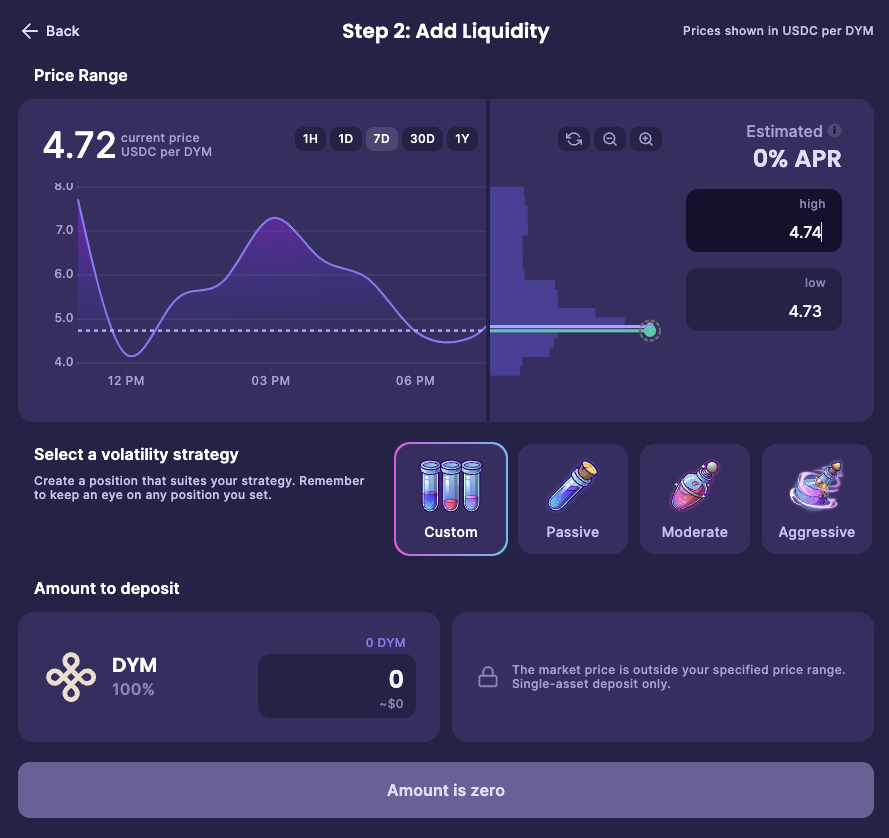 RoboMcGobo's tweet photo. Let's say you want to sell your DYM around the current price of 4.72. Osmosis concentrated liquidity allows you to effectively set a limit order by placing a liquidity position with the low and high end of the range slightly above the current trading price. 2/x https://t.co/TnANxIw7Xd