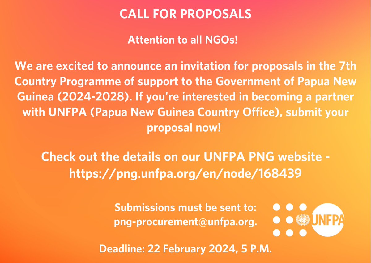 Exciting opportunity! 🌍💙 NGOs looking to join forces with #UNFPAPNG for the 7th #CPD, we have a #CallforProposals! 📢 Head to the UNFPA PNG website now for all the details. #partnership #NGO