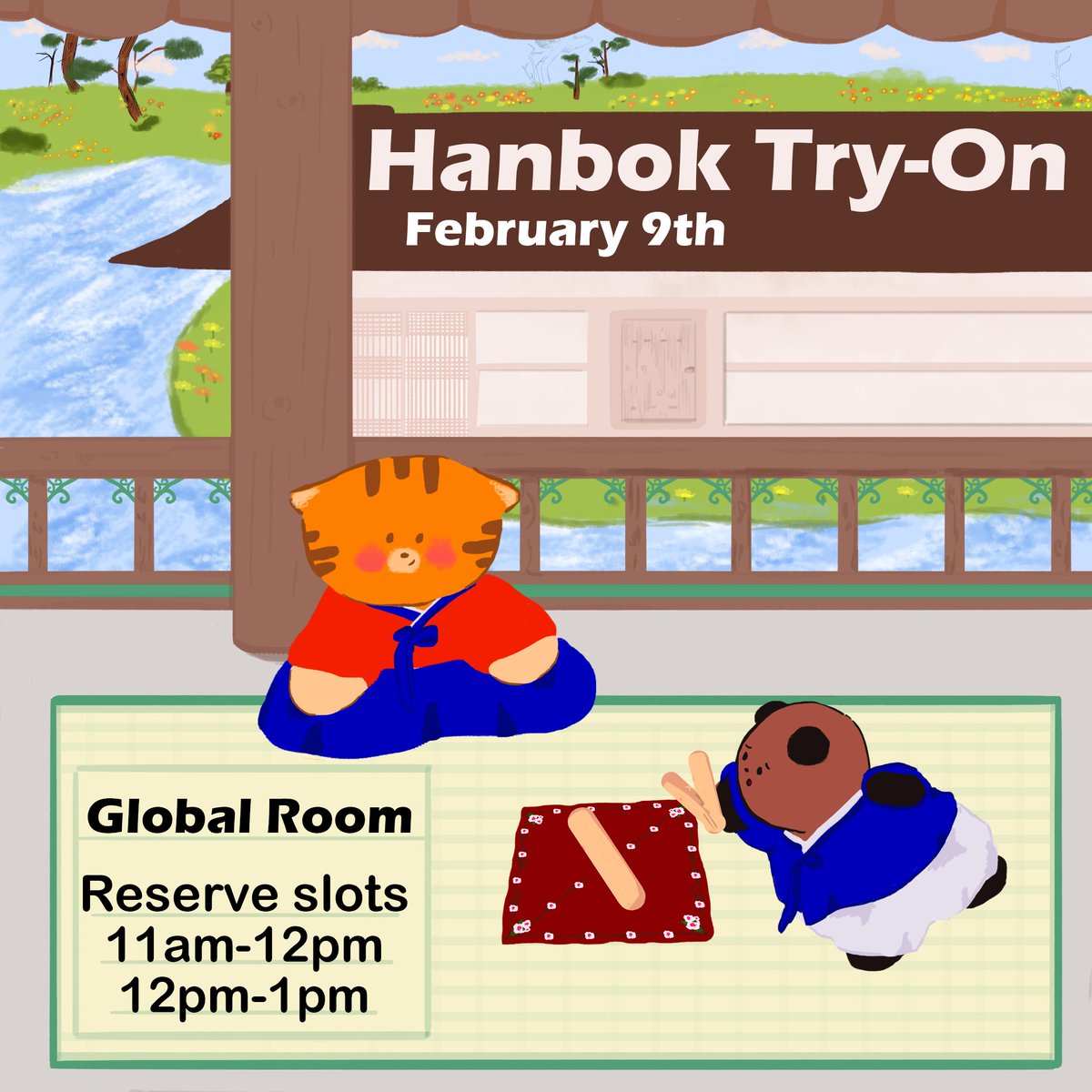 We are offering a unique opportunity for anyone who has loved the traditional Korean Hanbok! You have the chance to wear and model, as well as play traditional Korean games on Thursday~ Just please reserve (ITS FREE!) a spot as there are limited Hanboks and they are standard size