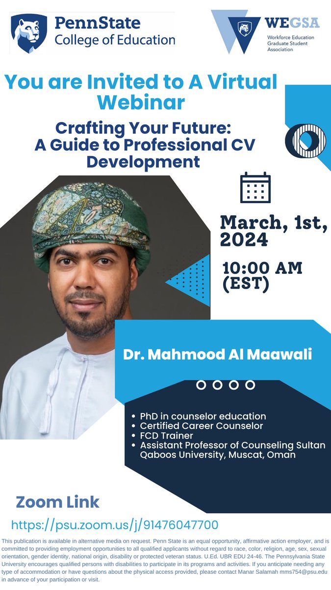 psuwfedodc's tweet image. Graduate Students:  Are you looking to enhance your CV and stand out in the job market? 

Join this webinar from WEGSA and gain insights and tips on crafting a professional CV to showcase your skills and expertise effectively. 

#Wegsa #CVdevelopment #graduatestudents #phdlife