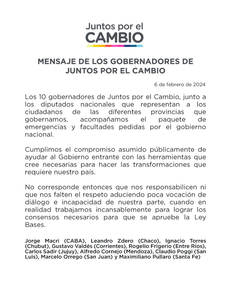 No se nos puede responsabilizar a los gobernadores por lo sucedido en <a href="/DiputadosAR/">Diputados Argentina</a>. Desde el inicio, se buscó garantizar la aprobación de la #LeyBases. Es momento de avanzar en las discusiones que los argentinos necesitan que saldemos.