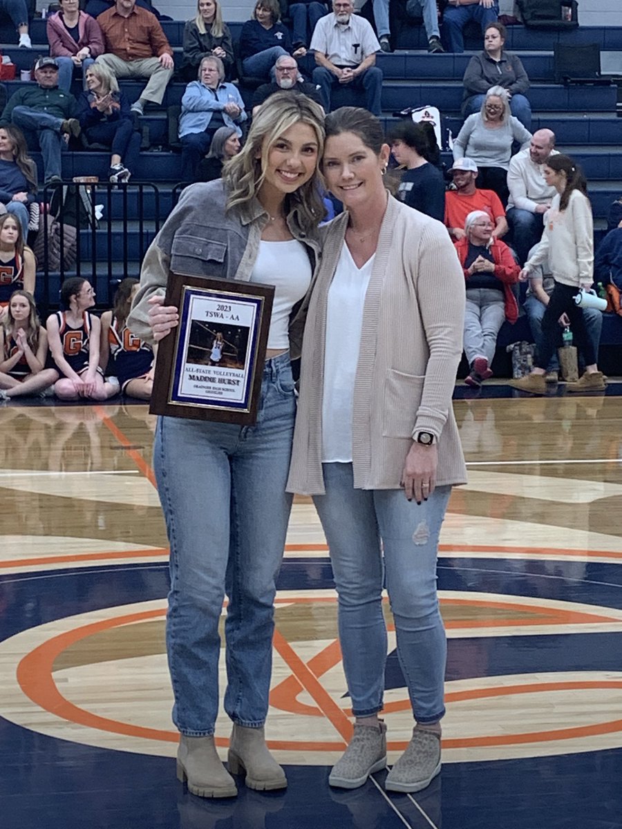 Grainger senior volleyball standout Maddie Hurst honored tonight for making the TSWA All-State team. A two-time All-State selection, she is the only Lady Grizz with over 1,000 career kills. She is shown here with head coach Jessica Maxey.