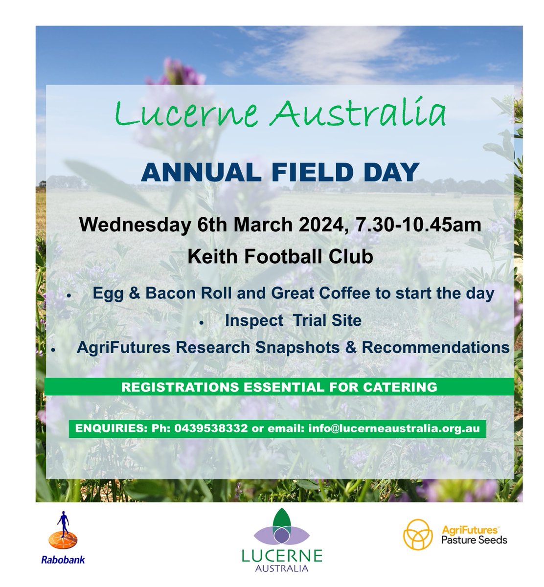Register now for Lucerne Australia Annual Field Day. Wednesday 6th March 7.30 to 10.45am at KEITH <a href="/AgriFuturesAU/">AgriFutures Australia</a>