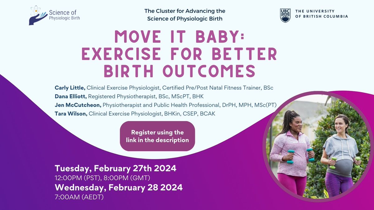 Join us for our upcoming webinar titled, "Move it Baby: Exercise for Better Birth Outcomes" on Feb 27, 2024 at 12:00PM (PST).

Join movement experts for an evidence-based presentation on the role of exercise in conception and prenatal care.

Register here: …eofbirthexercisewebinar.eventbrite.ca