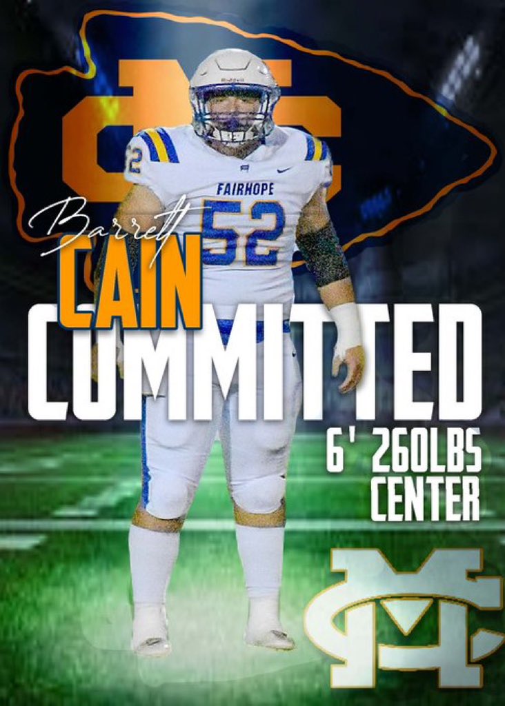 Barrett Cain (@barrettcain9) on Twitter photo After a great official visit I’m blessed to say I will be committing to Mississippi college 🔵🟡 #gochoctaws
<a href="/FHSPirateFball/">FairhopeHSFootball</a> <a href="/CoachBlack22/">Miguel Black</a> <a href="/CoachMKershaw/">Mike Kershaw</a> <a href="/DaltonADavis1/">Dalton Davis</a> <a href="/AL7AFootball/">Alabama7AFootball</a> <a href="/CoachKoehler40/">Cam Koehler</a> After a great official visit I’m blessed to say I will be committing to Mississippi college 🔵🟡 #gochoctaws
<a href="/FHSPirateFball/">FairhopeHSFootball</a> <a href="/CoachBlack22/">Miguel Black</a> <a href="/CoachMKershaw/">Mike Kershaw</a> <a href="/DaltonADavis1/">Dalton Davis</a> <a href="/AL7AFootball/">Alabama7AFootball</a> <a href="/CoachKoehler40/">Cam Koehler</a>