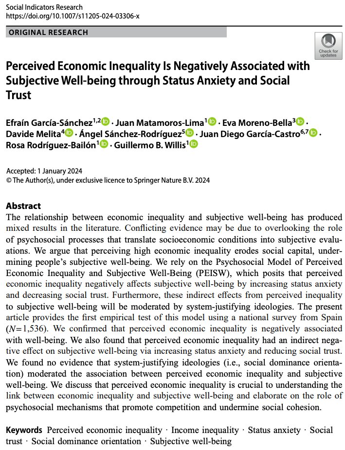 📢New article "Perceived Economic Inequality Is Negatively Associated with Subjective Well-being through Status Anxiety and Social Trust"  link.springer.com/article/10.100…📷 #SIR_journal 
<a href="/LabDesigualdad/">Laboratorio Desigualdad UGR</a>
<a href="/StanfordSPARQ/">SPARQ</a>
<a href="/CentroCOES/">COES</a>🧵