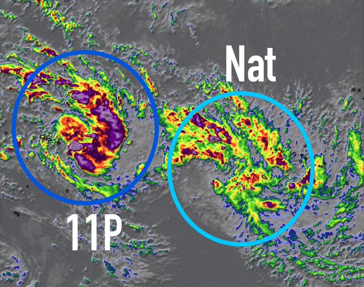 VortixWx's tweet photo. #tropicswx #ASwx:
Looks like #Nat isnβt the only system out there, #11P is also here to the N of #AmericanSamoa. NWS Pago Pago has issued some alerts regarding 11P including a Flash Flood Warning & a High Wind Warning. 11P is expected to become a TS as it heads S before doing a curve back to the north. The next name on the list is #Osai.