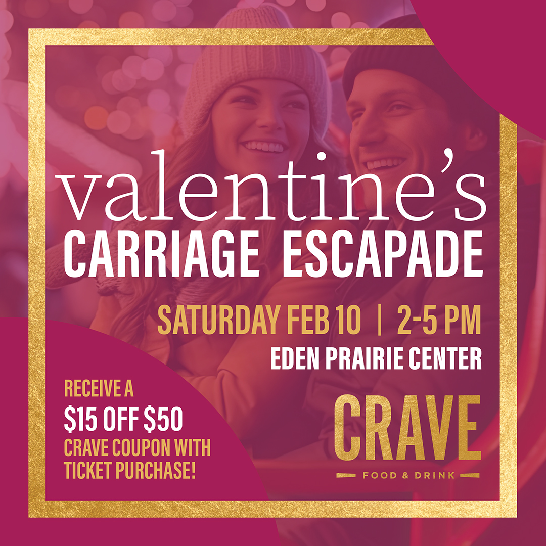 Last 10 tickets for Valentine’s Carriage Escapade at Eden Prairie Center on Feb 10! $15/couple includes a romantic ride, cozy blankets, a red rose, and a $15 Crave voucher valid all February. Don’t miss out! Book now: epcen.info/4aK1Zks #ValentinesDay #EdenPrairieCenter