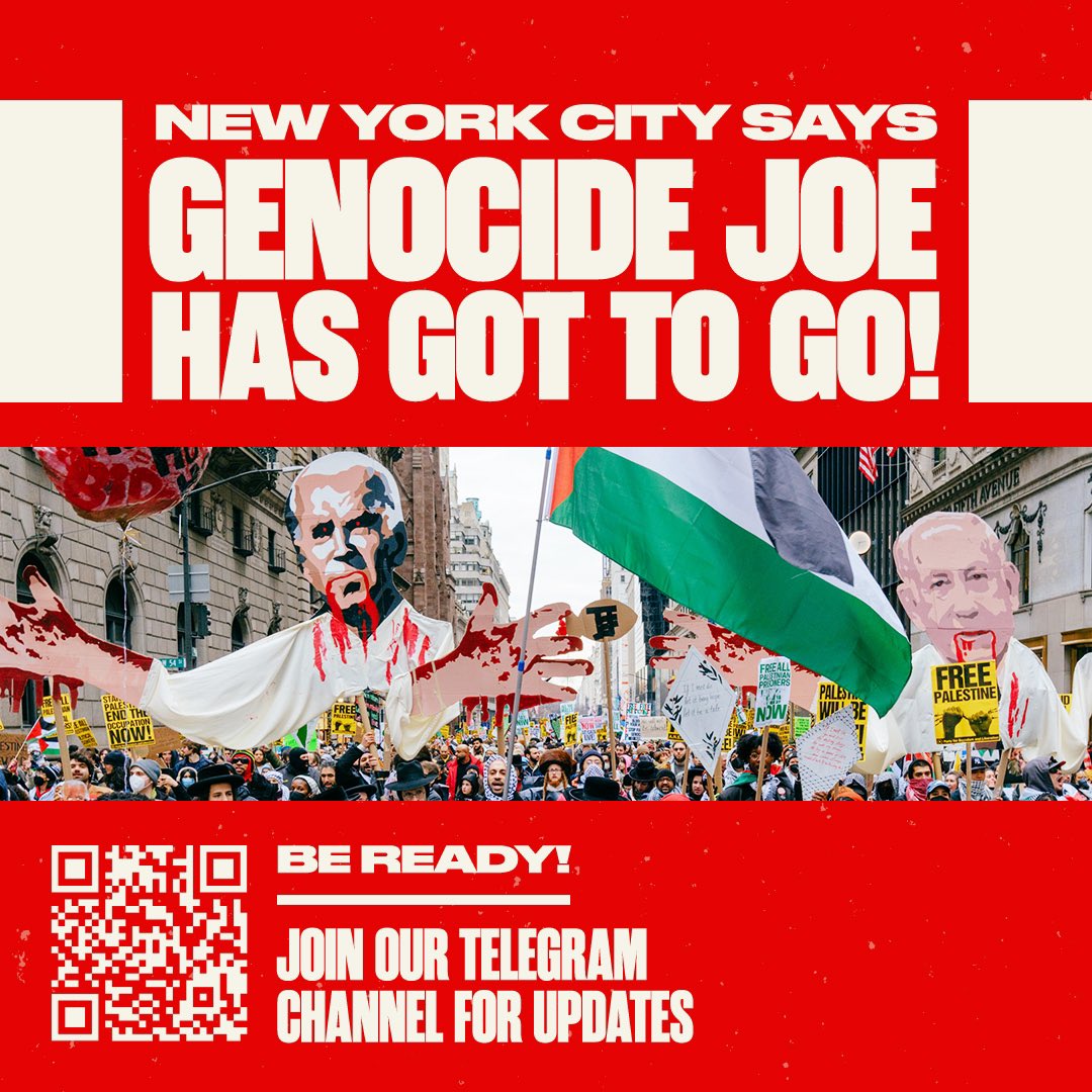 PeoplesForumNYC's tweet photo. 🚨 ALERT!! #GenocideJoe is coming to NYC and we will give him no peace! 🚨

The war criminals in the White House should not know a day of peace so long as they continue to bankroll and support the genocidal Zionist regime! As Biden arrives in NYC tomorrow, let’s let him know that, not only do we charge him with GENOCIDE, but that we DEMAND: 

A Permanent Ceasefire in Gaza! An end to all U.S. aid to Israel! Lift the siege on Gaza now! Release all Palestinian political prisoners! End the occupation now! 🇵🇸

🔗 Join our Telegram channel for location updates via the QR code or the link in bio