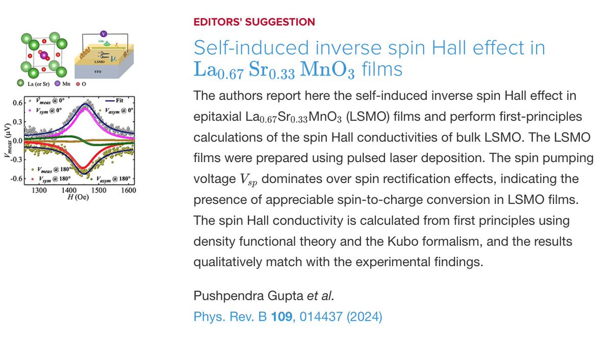 PhysRevB's tweet photo. PRB Editors' Suggestion: Self-induced inverse #SpinHallEffect in La0.67Sr0.33MnO3 films
P. Gupta, I. Jun Park, A. Swain, A. Mishra, V. P. Amin, and S. Bedanta
Phys. Rev. B 109, 014437
➡️ https://t.co/L7bv76F4Dv
#EdSugg #condmat #physics @APSPhysics https://t.co/DUcZoVUCKC