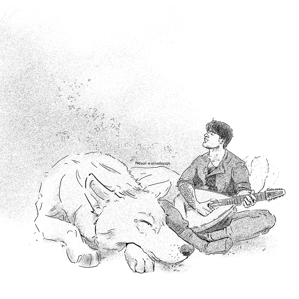 I love this wolfie Geralt + Jaskier art so much because the wolf turned out so cute but also because if you look closer he is wagging his tail behind his bestie