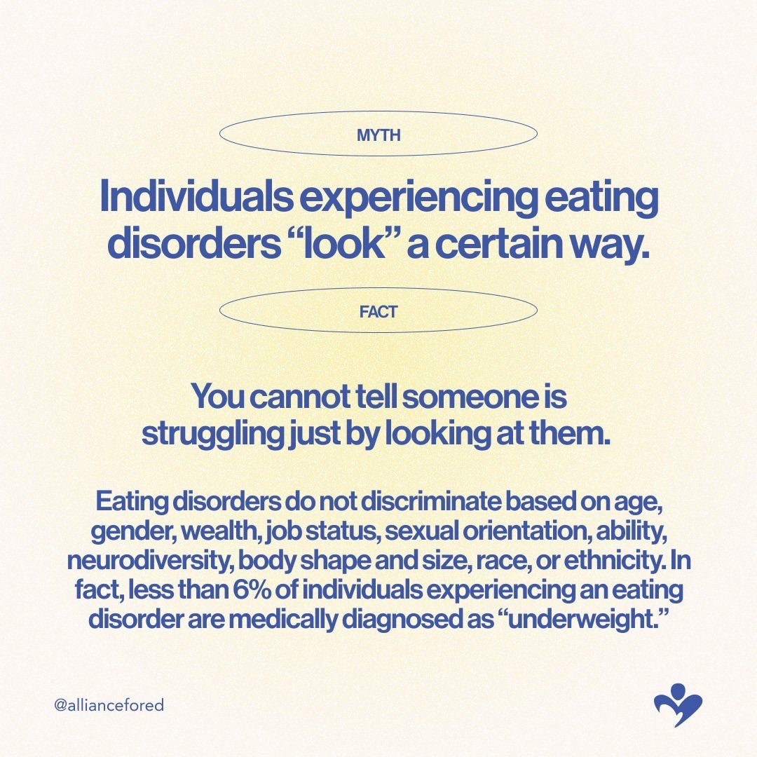 AllianceforED_'s tweet photo. Misconceptions surrounding eating disorders can often lead to perpetuating stigma, contribute to isolation, and delay access to help and support for those who need it. ⁠ #NOTONEMORE #ItsTimeForChange #EatingDisordersAwareness https://t.co/3WUu4Ykk9c